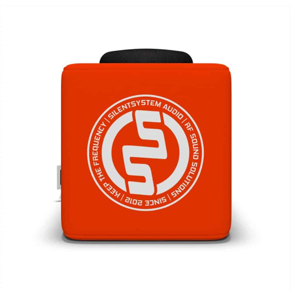 Πορτοκαλί Catchbox με το στρογγυλό λογότυπο Silentsystem